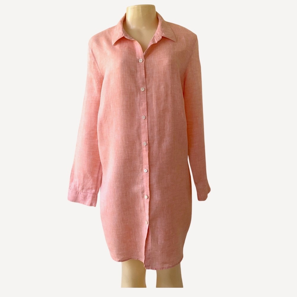 J. Jill Love Linen Tunic Shirt L Peach Coral 100% Linen‎ Button Front Long Top